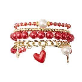 4Pcs 4 Style Glass & Shell Pearl Beaded Stretch Bracelets Set, Aluminium Twisted Curb Chain Valentine's Day Bracelets with Alloy Enamel Heart Charms