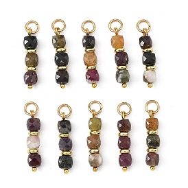 Natural Mixed Gemstone Pendants, Faceted Cube Beaded Charms with 304 Stainless Steel Jump Rings, Mixed Dyed and Undyed