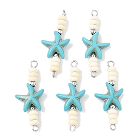 Подвески-коннекторы в виде бусины-рондель из окрашенной синтетической бирюзы в виде морской звезды, с 304 петлями из нержавеющей стали, цвет нержавеющей стали