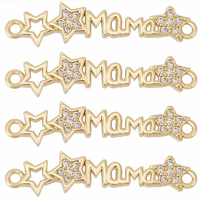 6pcs liens/connecteurs en laiton micro pavé de zircone cubique transparente, mot maman et étoile, pour la fête des mères