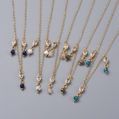 Natural Gemstone Bib Statement Necklaces, with Brass Cable Chains, Brass Cubic Zirconia Links, 304 Stainless Steel Lobster Claw Clasps and Cardboard Packing Box, Golden