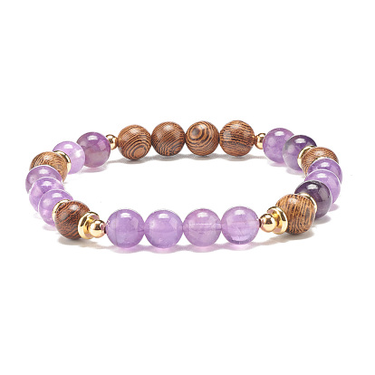 Natural Wenge Wood & Gemstone Beaded Stretch Bracelet, Yoga Jewelry for Women