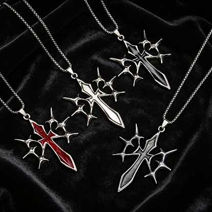 Colliers pour hommes avec pendentif croix gothique à pointes en alliage émaillé et chaîne en acier inoxydable, platine et la couleur de l'acier inoxydable
