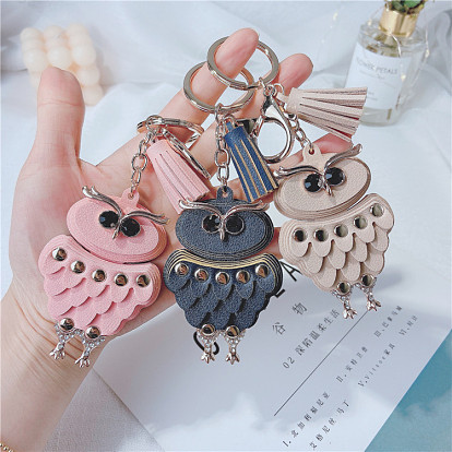 Leather Owl Keychain with Tassel, Cartoon Car Key Ring Pendant Decoration