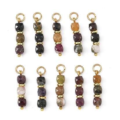 Natural Mixed Gemstone Pendants, Faceted Cube Beaded Charms with 304 Stainless Steel Jump Rings, Mixed Dyed and Undyed
