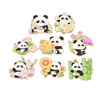 Cabochons en alliage émaillé à motif panda floral, avec autocollant auto-adhésif, or et de lumière