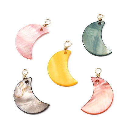 Natural Freshwater Shell Pendants, Dyed, with Real 18K Gold Plated Copper Findings, Moon