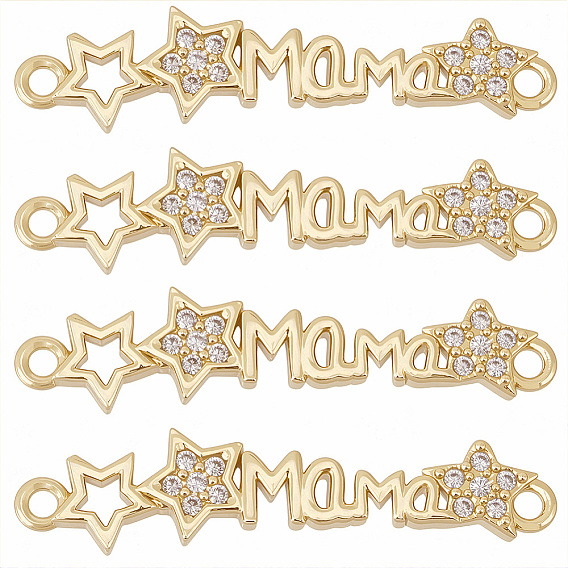 6pcs liens/connecteurs en laiton micro pavé de zircone cubique transparente, mot maman et étoile, pour la fête des mères