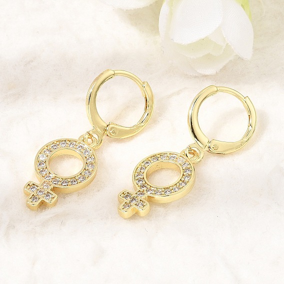 Brass Micro Pave Cubic Zirconia Leverback Dangle Earrings, Female Symbol, Rack Plating, Long-Lasting Plated, Cadmium Free & Lead Free