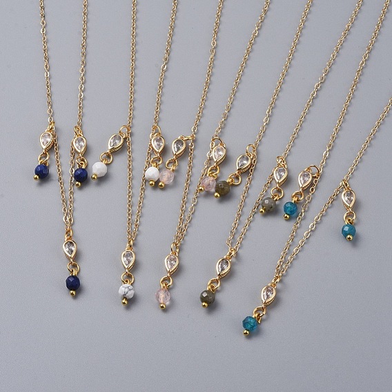 Natural Gemstone Bib Statement Necklaces, with Brass Cable Chains, Brass Cubic Zirconia Links, 304 Stainless Steel Lobster Claw Clasps and Cardboard Packing Box, Golden