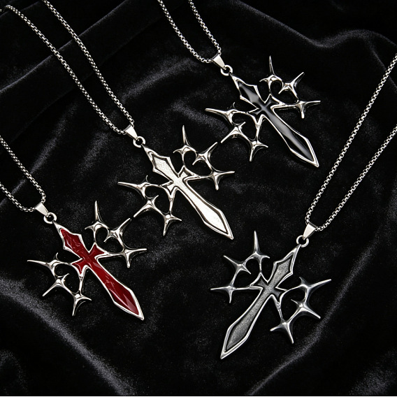 Collares de cadena de acero inoxidable con colgante de cruz gótica con pinchos de aleación esmaltada para hombre, platino y acero inoxidable Color