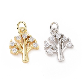 Brass Micro Pave Cubic Zirconia Pendants, with Jump Ring, Tree Charm