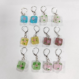 12Pcs 6 Colors Square Flower Handmade Frosted Lampwork Pendant Stitch Markers, Crochet Leverback Hoop Charms