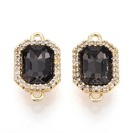 Breloques connecteurs en laiton micro pavé de zircones cubiques transparentes et de verre, liens rectangles noirs