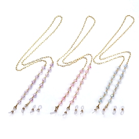 Chaînes de lunettes, tour de cou pour lunettes, avec des perles de verre peintes à la bombe étoilées, chaînes de trombone en laiton, 304 fermoirs à pince de homard en acier inoxydable et extrémités en caoutchouc