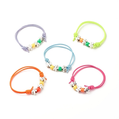 Flower & Column Beaded Cord Bracelet, Alloy & Acrylic Adjustable Bracelet for Women