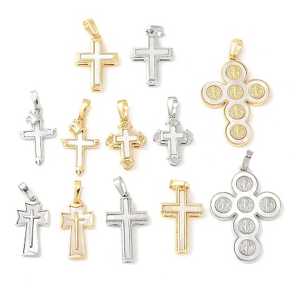 Подвески из латуни с натуральными белыми ракушками, религия крест прелести, долговечный, без свинца и без кадмия, стойки покрытие