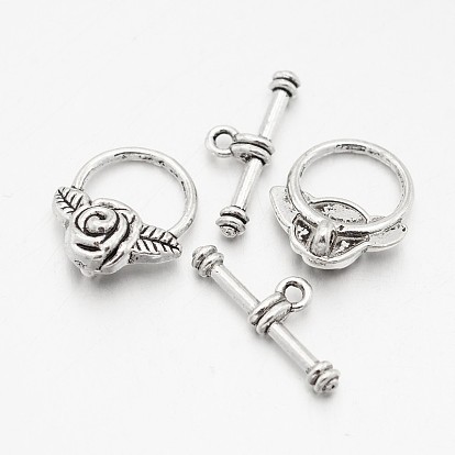 Tibetan Style Alloy Toggle Clasps, Cadmium Free & Lead Free, Flower, Flower: 19x16x6.5mm, Hole: 1mm, Bar: 23x8x3.5mm, Hole: 2mm, about 340sets/kg