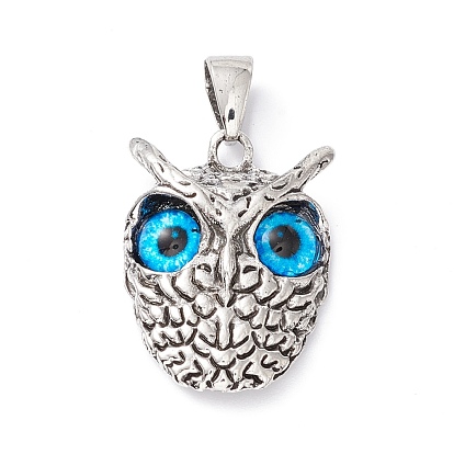 Retro Punk Alloy Pendants, with Glass, Owl with Evil Eye