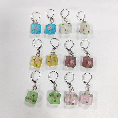 12Pcs 6 Colors Square Flower Handmade Frosted Lampwork Pendant Stitch Markers, Crochet Leverback Hoop Charms
