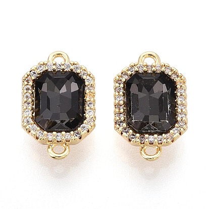 Breloques connecteurs en laiton micro pavé de zircones cubiques transparentes et de verre, liens rectangles noirs