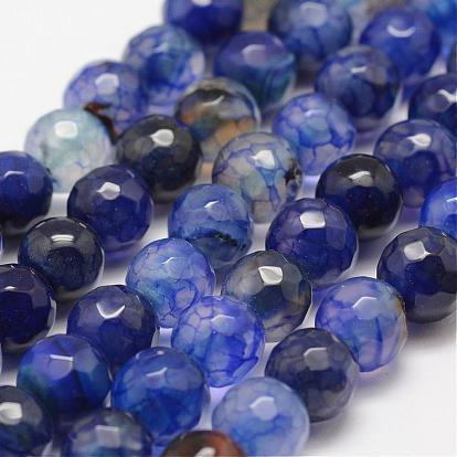 Faceted Natural Dragon Veins Agate Beads Strands, Round, Dyed & Heated