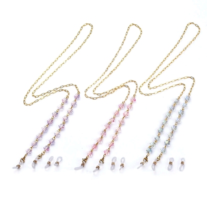 Chaînes de lunettes, tour de cou pour lunettes, avec des perles de verre peintes à la bombe étoilées, chaînes de trombone en laiton, 304 fermoirs à pince de homard en acier inoxydable et extrémités en caoutchouc