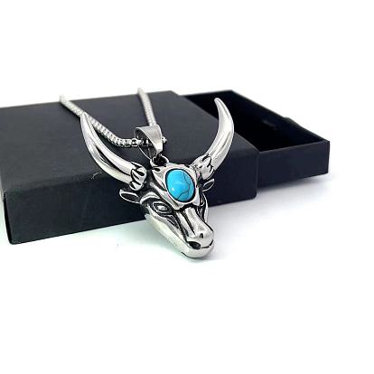 Мужские винтажные ожерелья с подвеской в виде головы коровы из нержавеющей стали с паве из синтетической бирюзы
