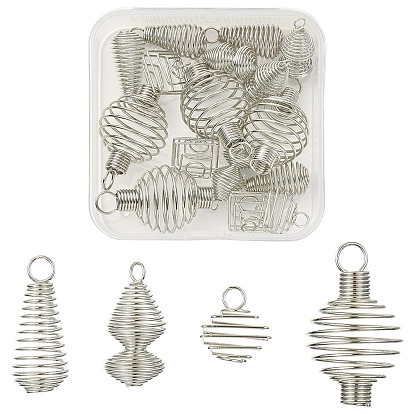 20Pcs 4 Styles Iron Alloy Spring Spiral Bead Cage Pendants, Cage Charms, Mixed Shapes