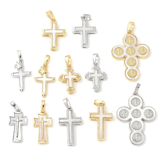 Подвески из латуни с натуральными белыми ракушками, религия крест прелести, долговечный, без свинца и без кадмия, стойки покрытие