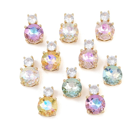 Brass Glass Pendants, Flat Round Charm, Faceted