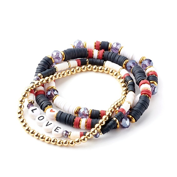 Stretch Beaded Bracelets Sets, Stackable Bracelets, with Polymer Clay Heishi Beads, Glass & Brass Beads, Word Love, Golden