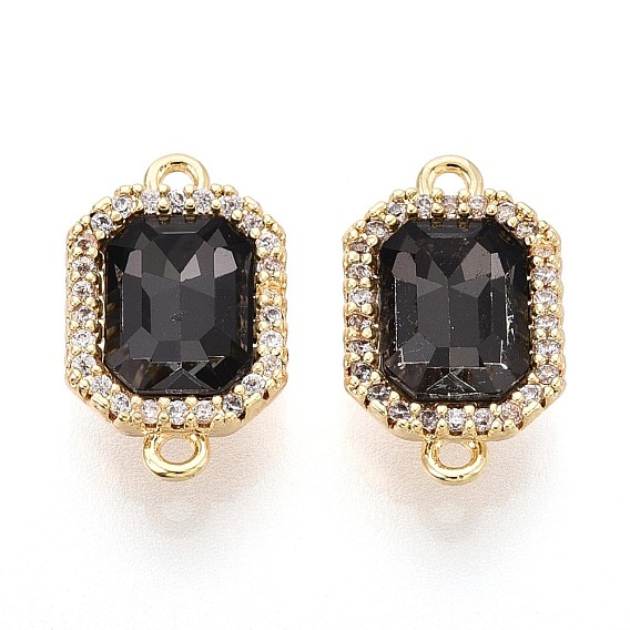Brass Micro Pave Clear Cubic Zirconia and Glass Connector Charms, Black Rectangle Links