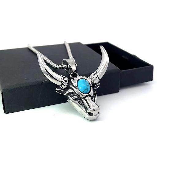 Мужские винтажные ожерелья с подвеской в виде головы коровы из нержавеющей стали с паве из синтетической бирюзы