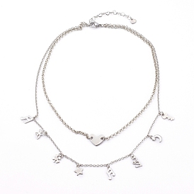 304 Stainless Steel Double Layer Necklaces, Pendant Necklaces, with Brass Rolo Chains, Heart
