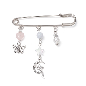 Natural Mixed Gemstone Heart & Fairy & Butterfly Charms Safety Pin Brooch, Alloy Lapel Pin for Sweater Clasp Pants Waist Extender