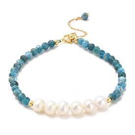 Natural Apatite Bead Bracelets, with Sterling Silver Beads and Pearl Beads, Real 18K Gold Plated