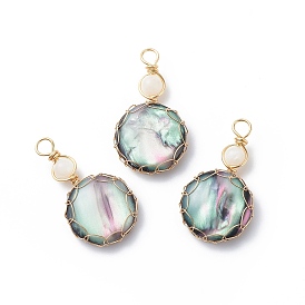  Pendentifs de résine, avec des perles de pierre de lune naturelles et du fil de cuivre écologique enroulé, colorées, charme demi-rond