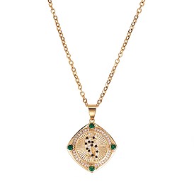 Green Cubic Zirconia Leopard Rotating Pendant Necklace, Brass Stress Relief Jewelry for Women