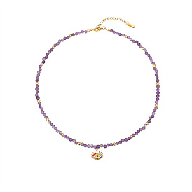 Stainless Steel Enamel Eye Pendant Necklaces, with Natural Amethyst Beaded Chains