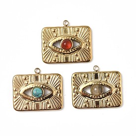 Vacuum Plating 201 Stainless Steel Natural Gemstone Pendants, Real 18K Gold Plated, Rectangle with Eye Charms