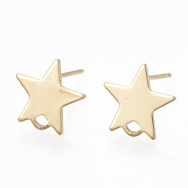 Brass Stud Earring Findings, with Loop and Flat Plate, Star, Real 18K Gold Plated