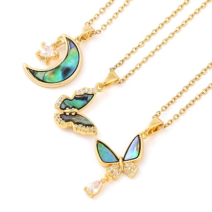 201 Stainless Steel Micro Pave Cubic Zirconia Pendants Necklace for Women, with Shell