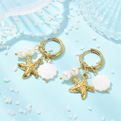 Натуральная белая ракушка и 304 серьги-подвески из нержавеющей стали, морская звезда, с 202 кольцом-обручем из нержавеющей стали и латунной фурнитурой