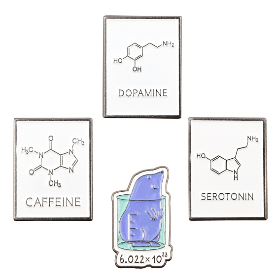 4Pcs 4 Style Alloy Enamel Brooches, Enamel Pin, with Clutches, Chemistry Theme Beaker & Rectangle, Platinum