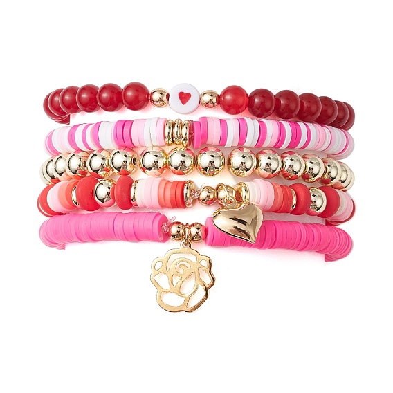 5 шт. 5 набор эластичных браслетов из синтетического гематита и окрашенного натурального малайзийского нефрита, Сборные браслеты Heishi из полимерной глины с подвесками из нержавеющей стали в виде цветов и сердечек