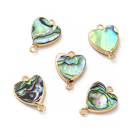 Natural Paua Shell Connector Charms, with Brass Double Loops, Heart Links