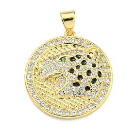 Brass Micro Pave Cubic Zirconia Pendants, Enamel Flat Round with Leopard Head Charms