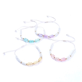Adjustable Nylon Thread Braided Bead Bracelets, with Brass Beads, Faceted Opaque Glass Beads and Transparent Spray Painted Glass Beads