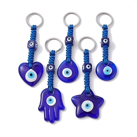 Handmade Evil Eye Lampwork Pendant Keychains, 304 Stainless Steel Split Key Rings, Teardrop/Heart/Star/Flat Round/Hamsa Hand